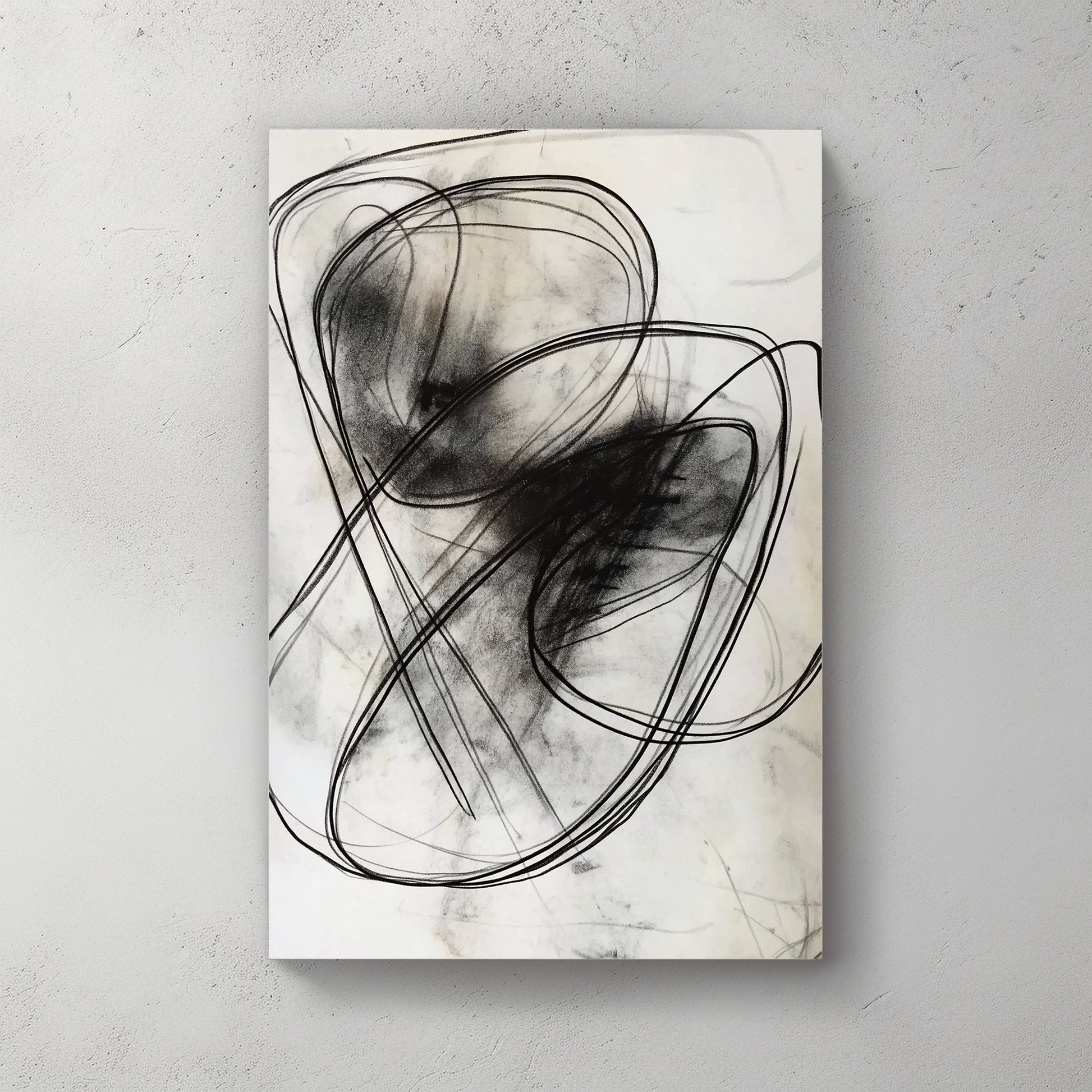 This abstract composition features swirling black lines on a pale background, evoking movement. Perfect for modern decor. canvas wall art portrait landscape