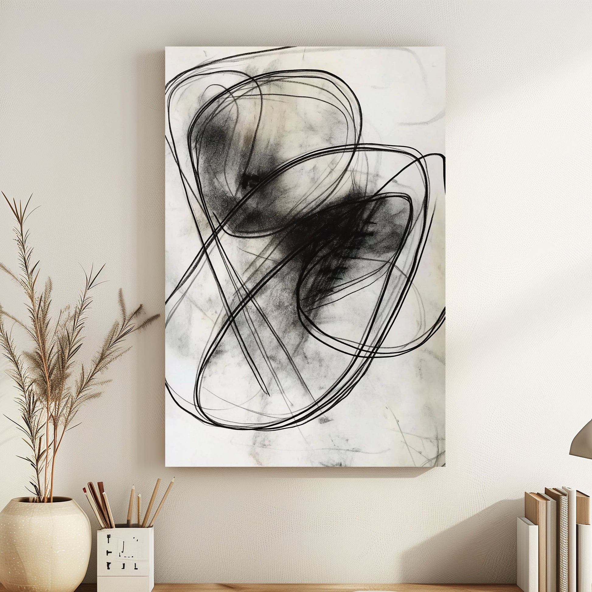 This abstract composition features swirling black lines on a pale background, evoking movement. Perfect for modern decor. canvas wall art portrait landscape