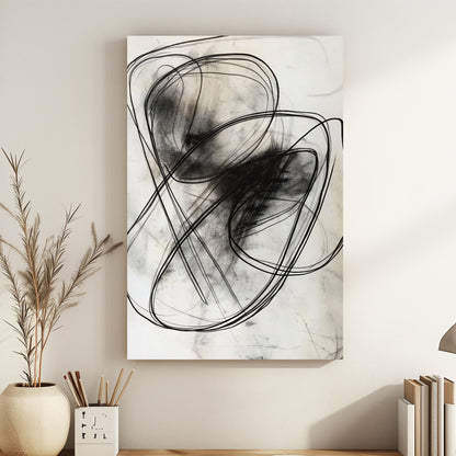 This abstract composition features swirling black lines on a pale background, evoking movement. Perfect for modern decor. canvas wall art portrait landscape