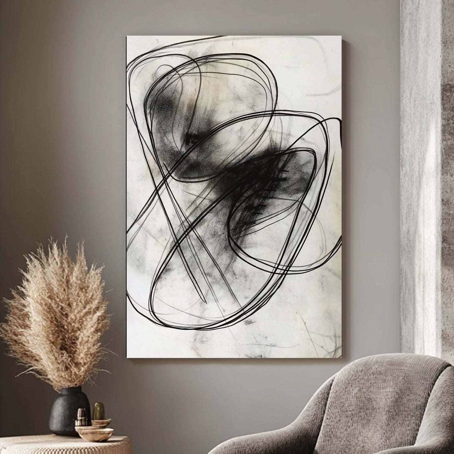 This abstract composition features swirling black lines on a pale background, evoking movement. Perfect for modern decor. canvas wall art portrait landscape