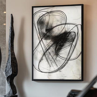 This abstract composition features swirling black lines on a pale background, evoking movement. Perfect for modern decor. canvas wall art portrait landscape