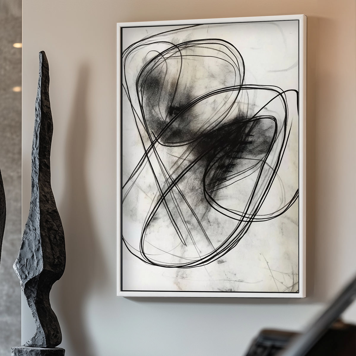 This abstract composition features swirling black lines on a pale background, evoking movement. Perfect for modern decor. canvas wall art portrait landscape