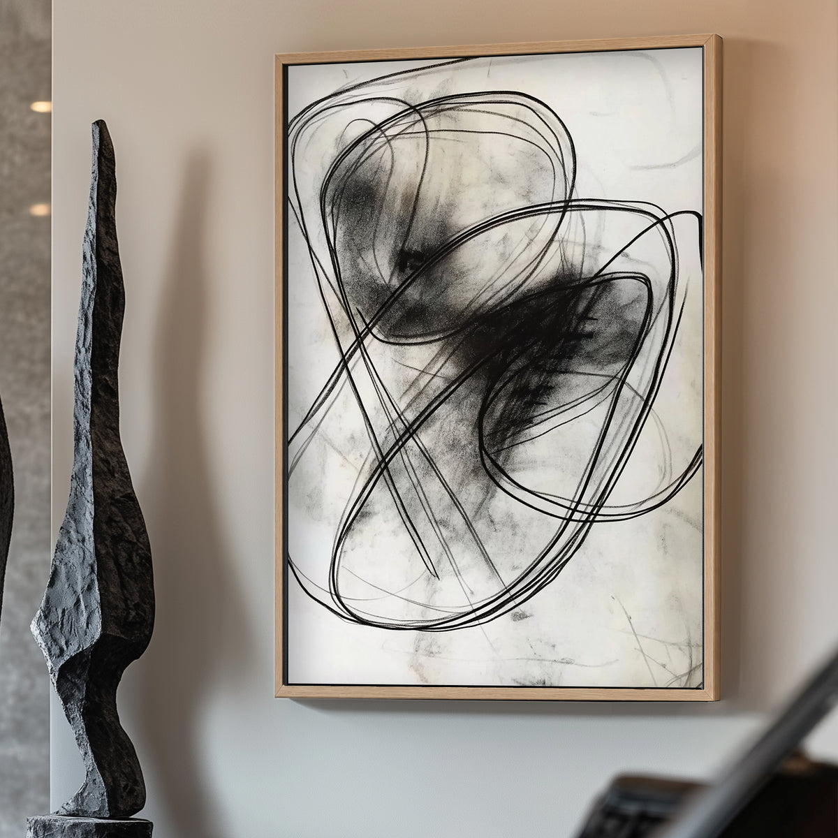 This abstract composition features swirling black lines on a pale background, evoking movement. Perfect for modern decor. canvas wall art portrait landscape