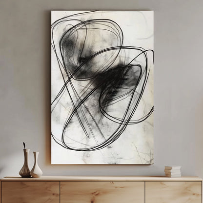 This abstract composition features swirling black lines on a pale background, evoking movement. Perfect for modern decor. canvas wall art portrait landscape