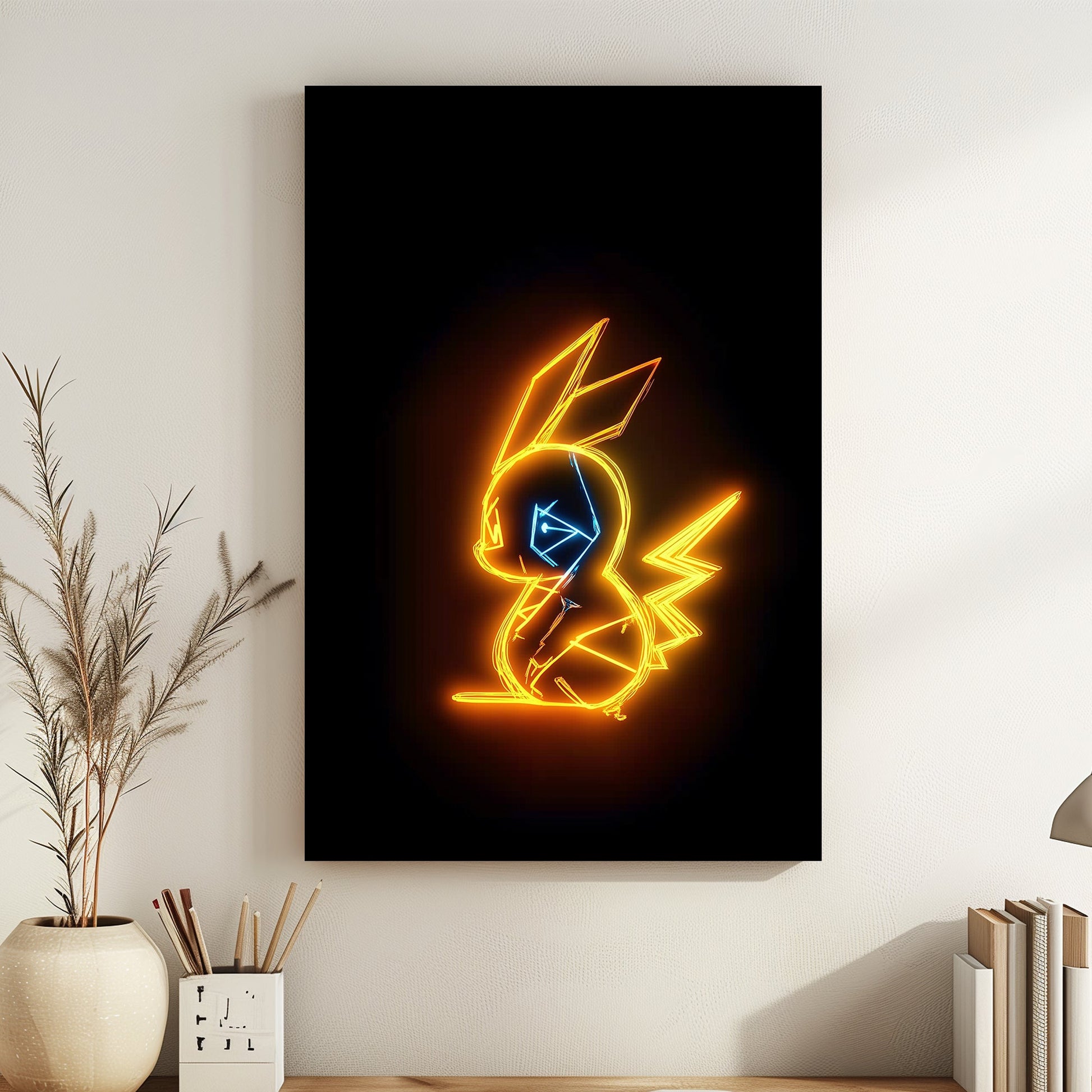 A captivating neon outline of Pikachu, beloved character, this artwork radiates in vibrant yellow. Perfect for modern decor. canvas wall art abstract portrait landscape