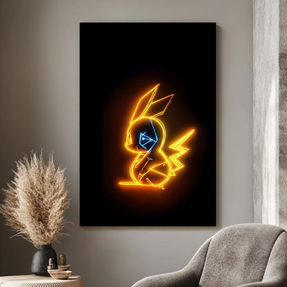 A captivating neon outline of Pikachu, beloved character, this artwork radiates in vibrant yellow. Perfect for modern decor. canvas wall art abstract portrait landscape