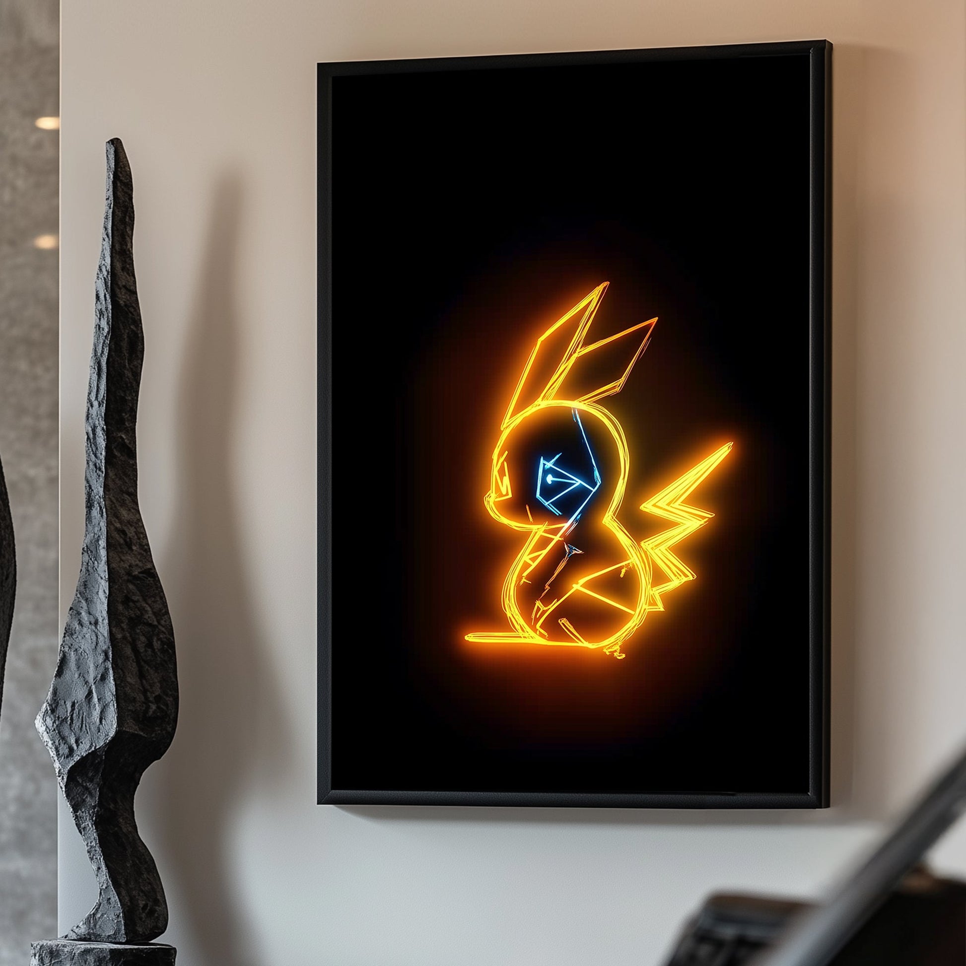 A captivating neon outline of Pikachu, beloved character, this artwork radiates in vibrant yellow. Perfect for modern decor. canvas wall art abstract portrait landscape