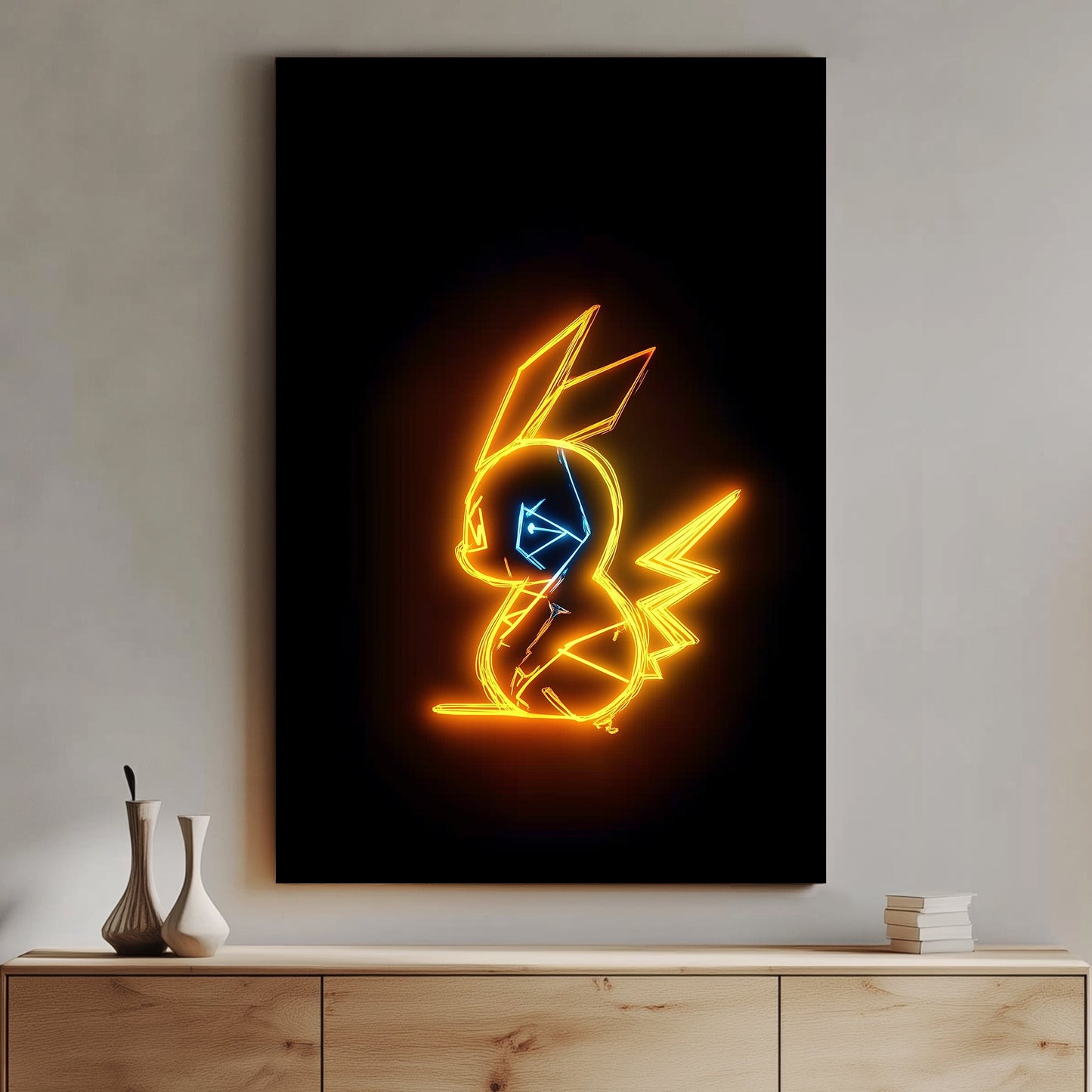 A captivating neon outline of Pikachu, beloved character, this artwork radiates in vibrant yellow. Perfect for modern decor. canvas wall art abstract portrait landscape