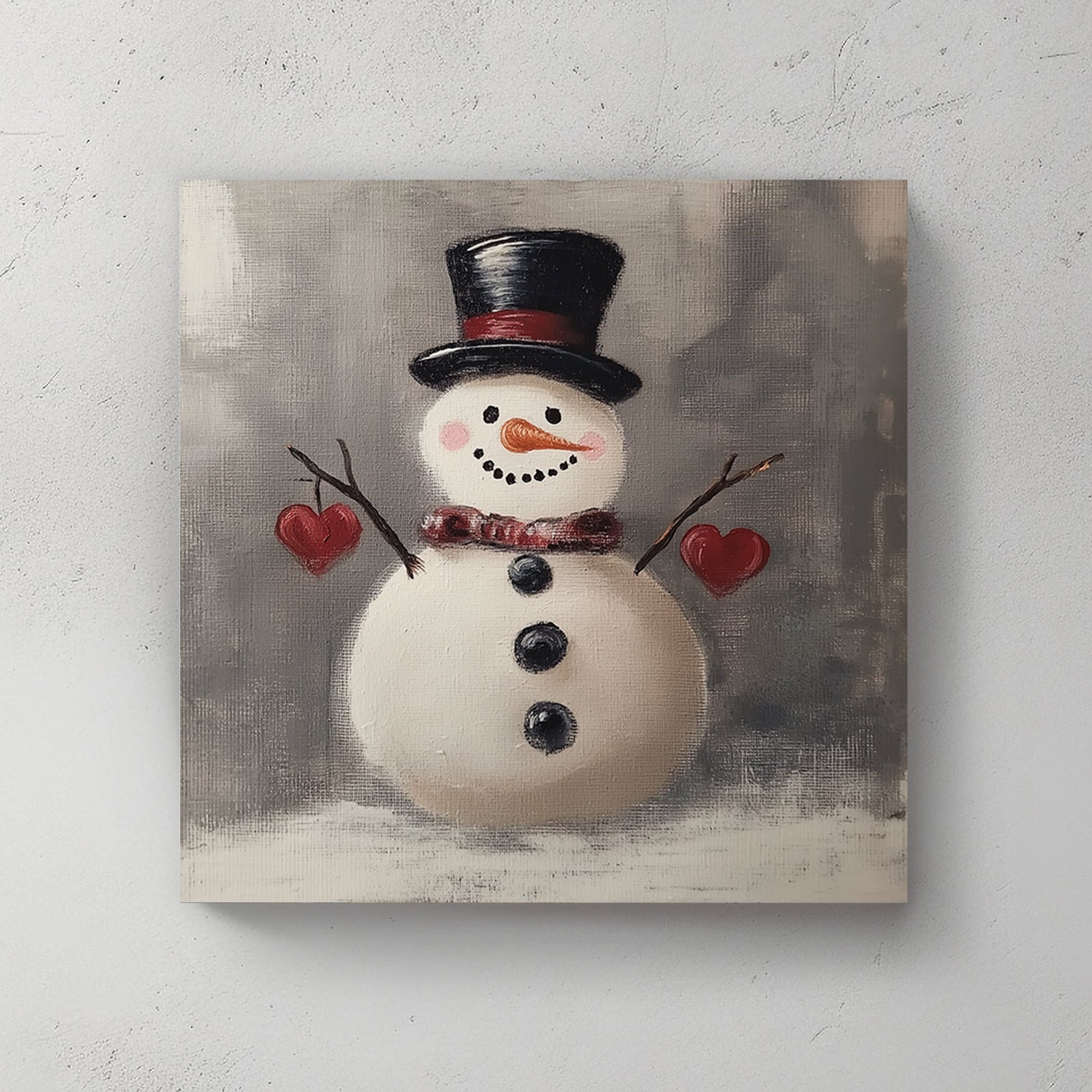 Painting of a snowman wearing a top hat and scarf, holding red hearts with twig arms against a grey background.