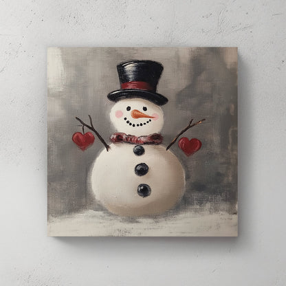 Painting of a snowman wearing a top hat and scarf, holding red hearts with twig arms against a grey background.