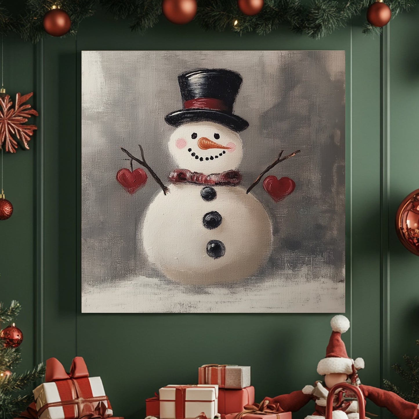 Painting of a snowman wearing a top hat and scarf, holding red hearts with twig arms against a grey background.