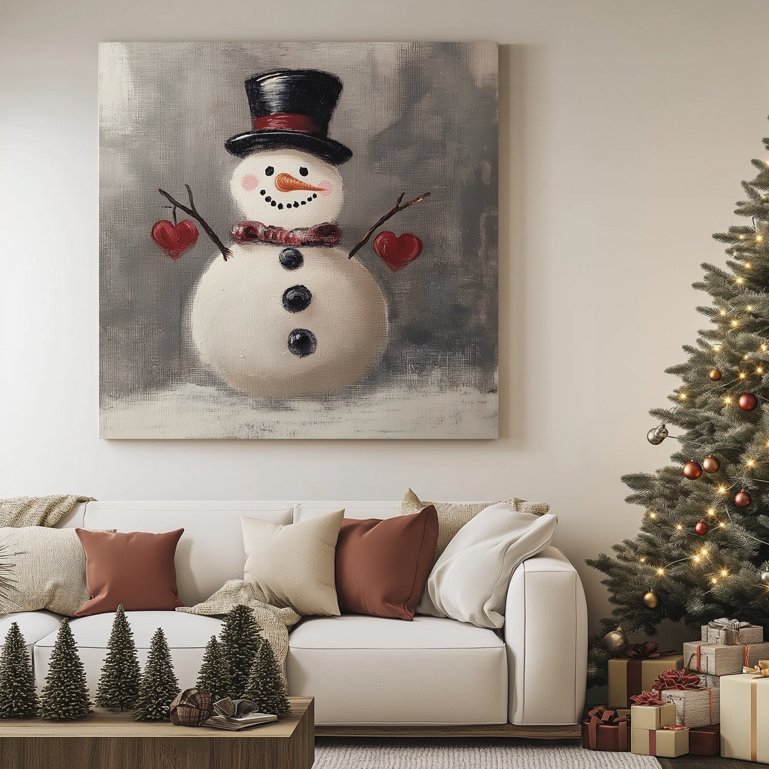 Painting of a snowman wearing a top hat and scarf, holding red hearts with twig arms against a grey background.