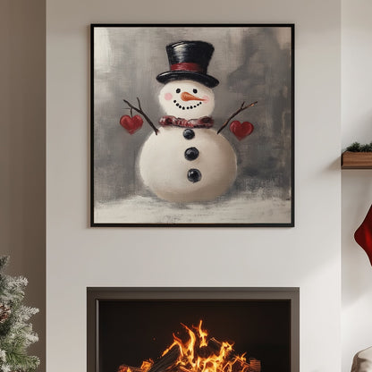 Painting of a snowman wearing a top hat and scarf, holding red hearts with twig arms against a grey background.