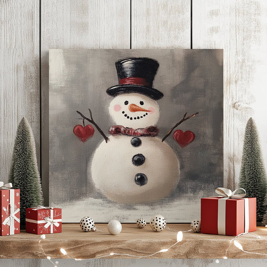 Painting of a snowman wearing a top hat and scarf, holding red hearts with twig arms against a grey background.