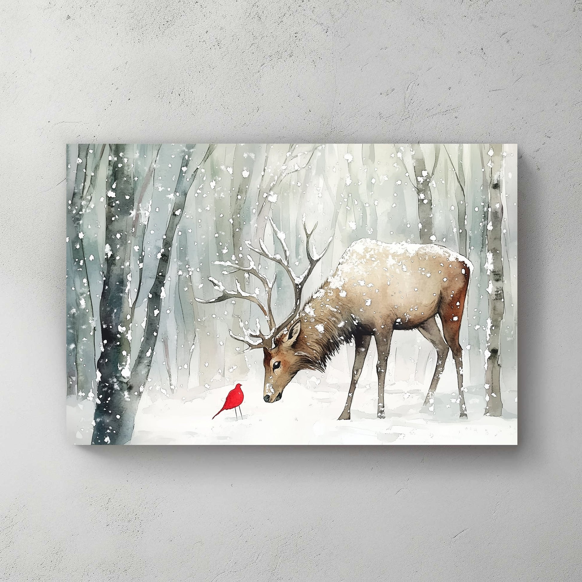 Watercolour painting of a stag and a red cardinal in a snow-covered forest.