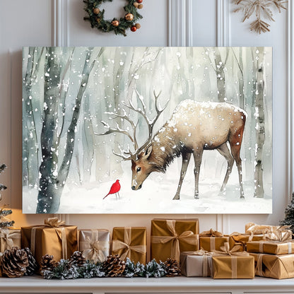 Watercolour painting of a stag and a red cardinal in a snow-covered forest.