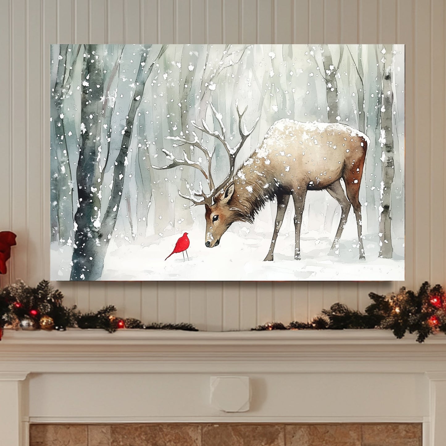 Watercolour painting of a stag and a red cardinal in a snow-covered forest.