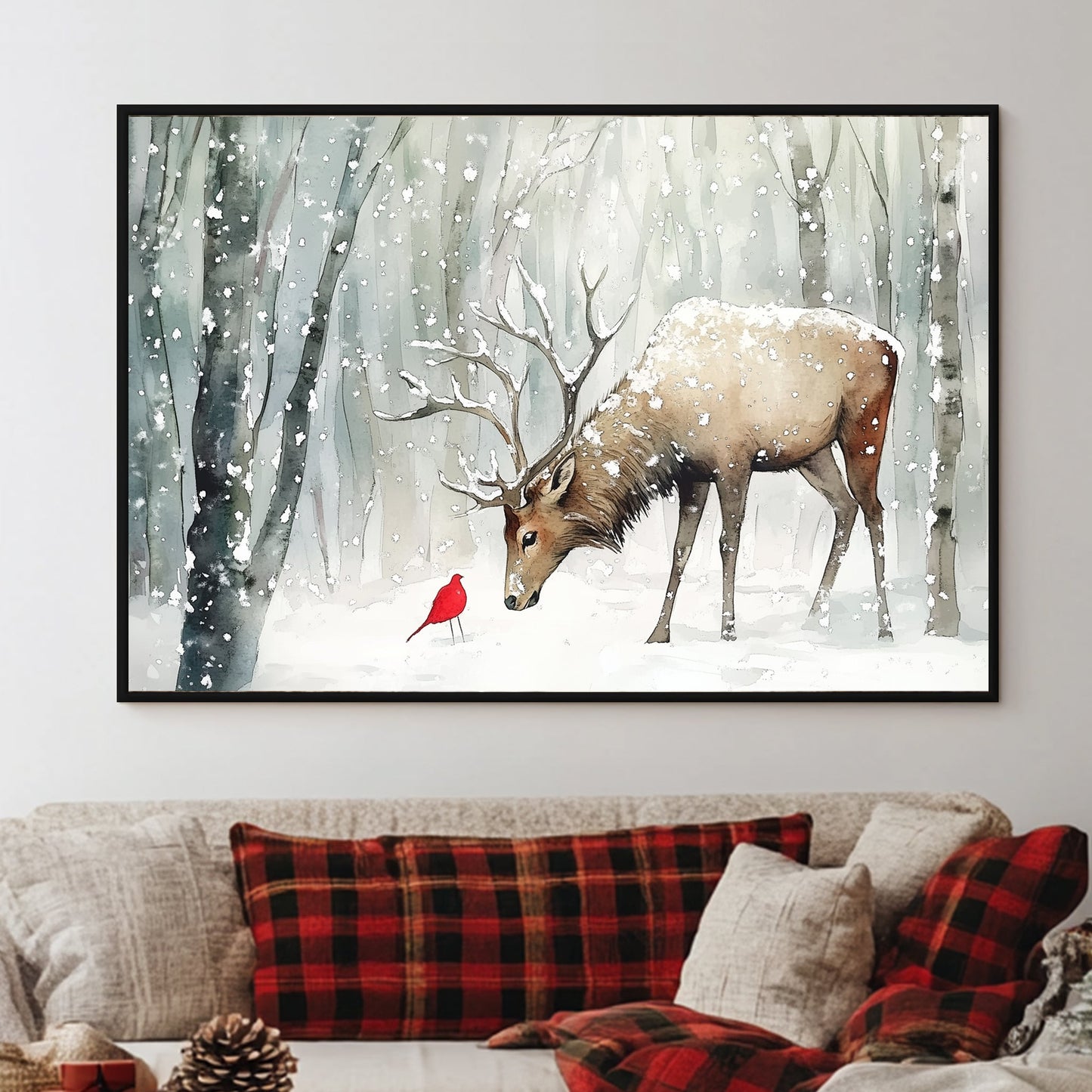 Watercolour painting of a stag and a red cardinal in a snow-covered forest.