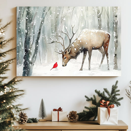 Watercolour painting of a stag and a red cardinal in a snow-covered forest.