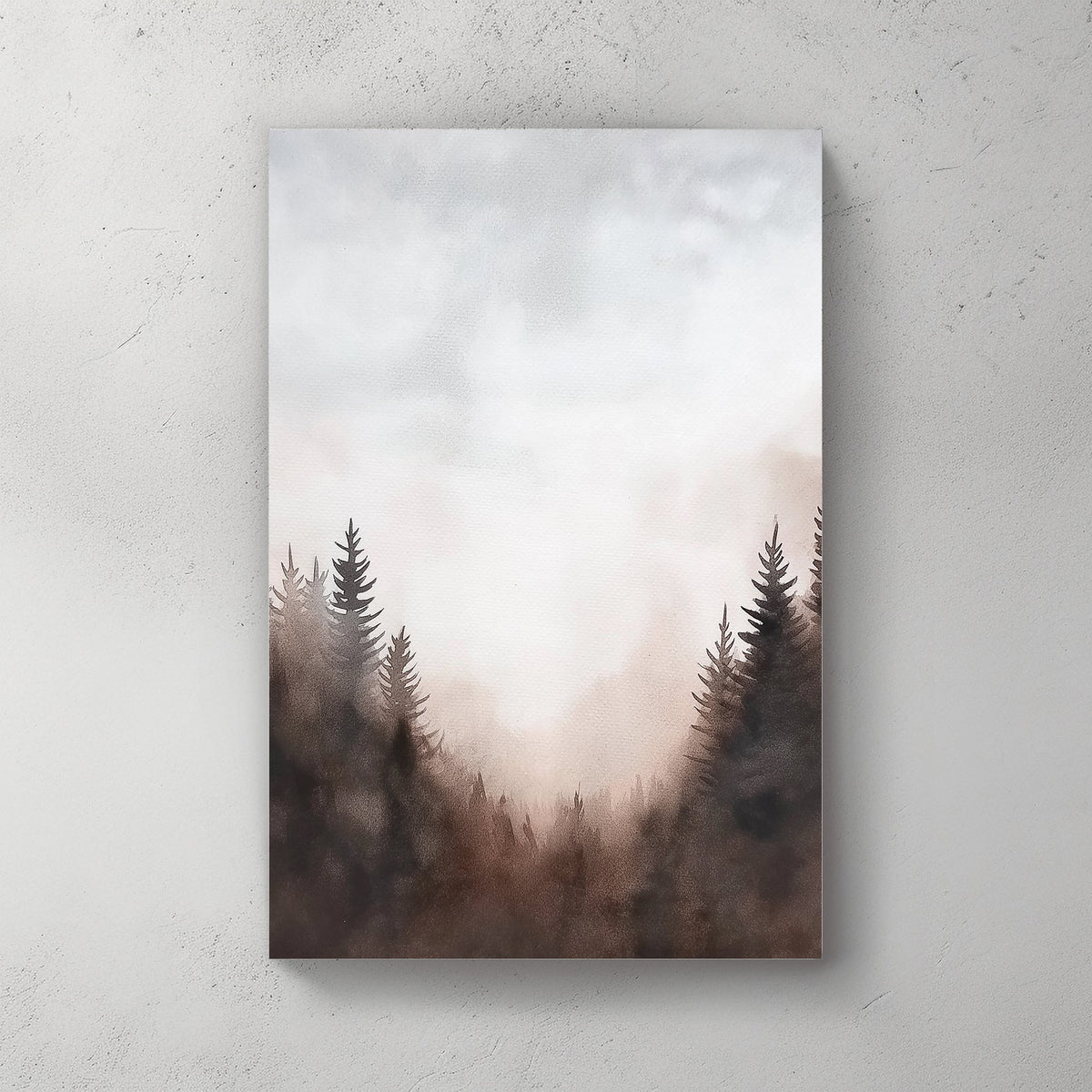 This serene watercolor landscape captures a misty forest at dawn, with soft hues. Perfect for modern decor. canvas wall art abstract portrait