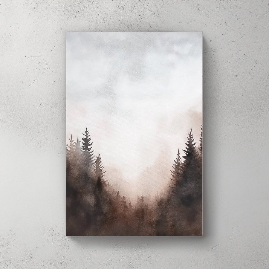 This serene watercolor landscape captures a misty forest at dawn, with soft hues. Perfect for modern decor. canvas wall art abstract portrait