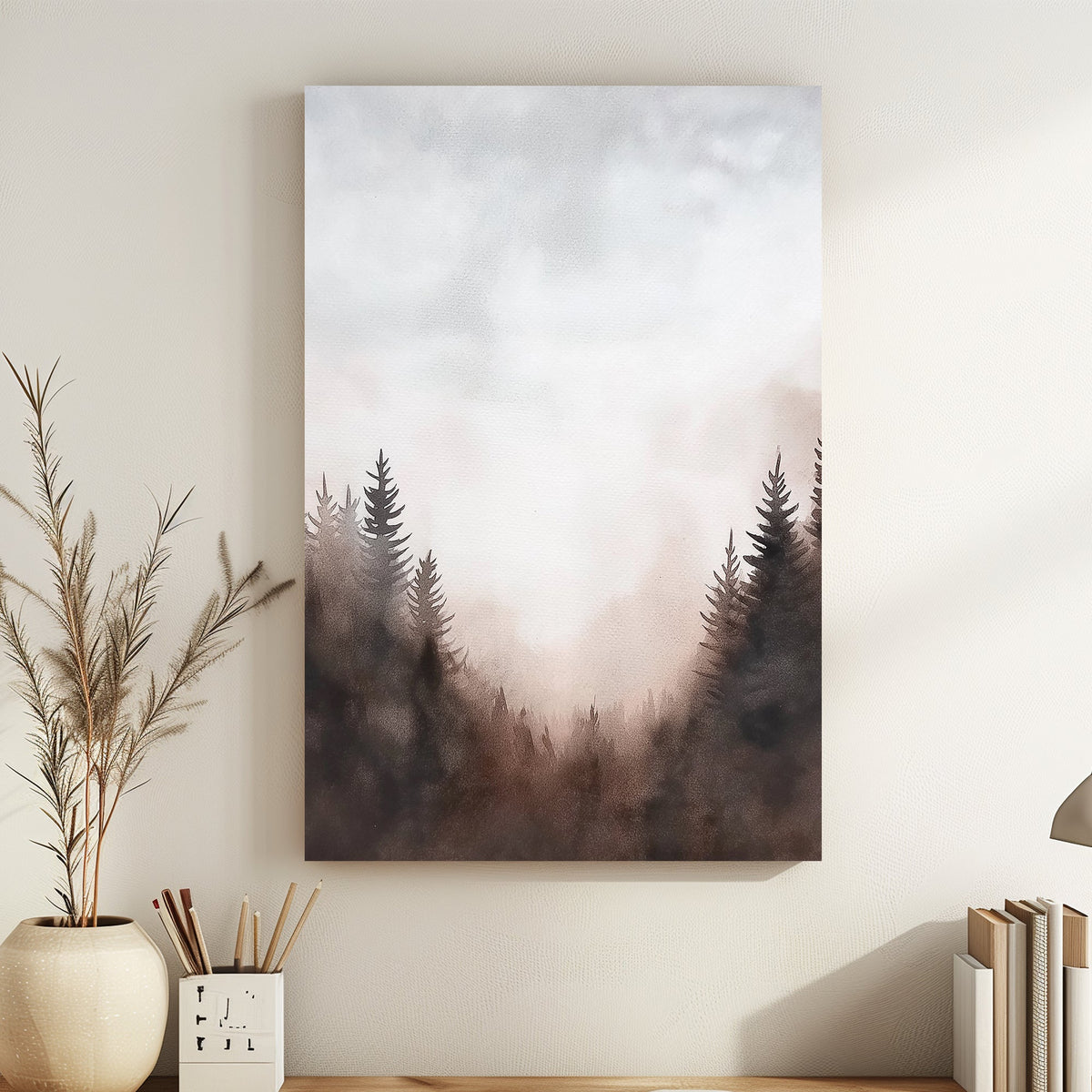 This serene watercolor landscape captures a misty forest at dawn, with soft hues. Perfect for modern decor. canvas wall art abstract portrait