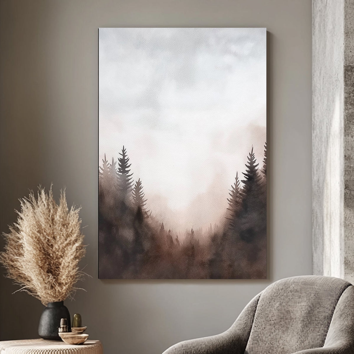 This serene watercolor landscape captures a misty forest at dawn, with soft hues. Perfect for modern decor. canvas wall art abstract portrait
