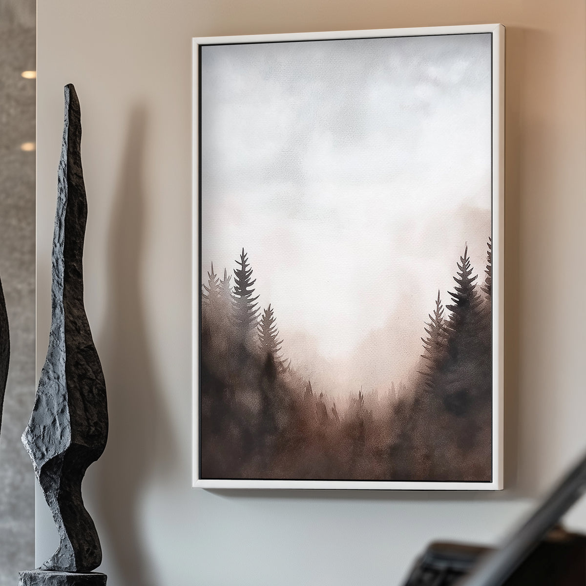 This serene watercolor landscape captures a misty forest at dawn, with soft hues. Perfect for modern decor. canvas wall art abstract portrait