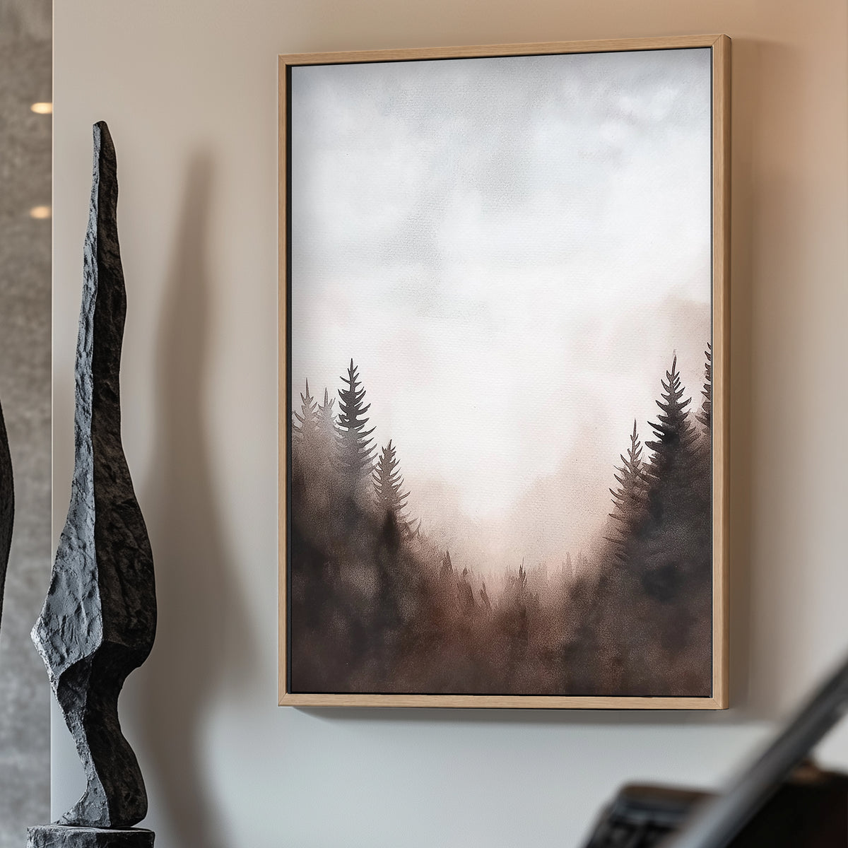 This serene watercolor landscape captures a misty forest at dawn, with soft hues. Perfect for modern decor. canvas wall art abstract portrait