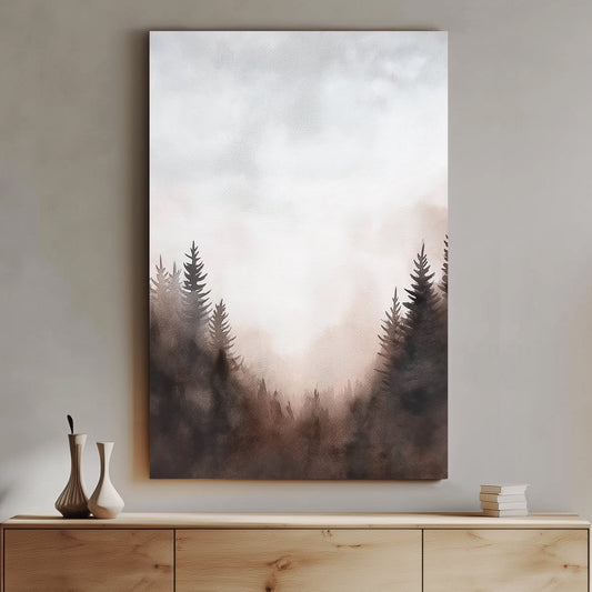 This serene watercolor landscape captures a misty forest at dawn, with soft hues. Perfect for modern decor. canvas wall art abstract portrait