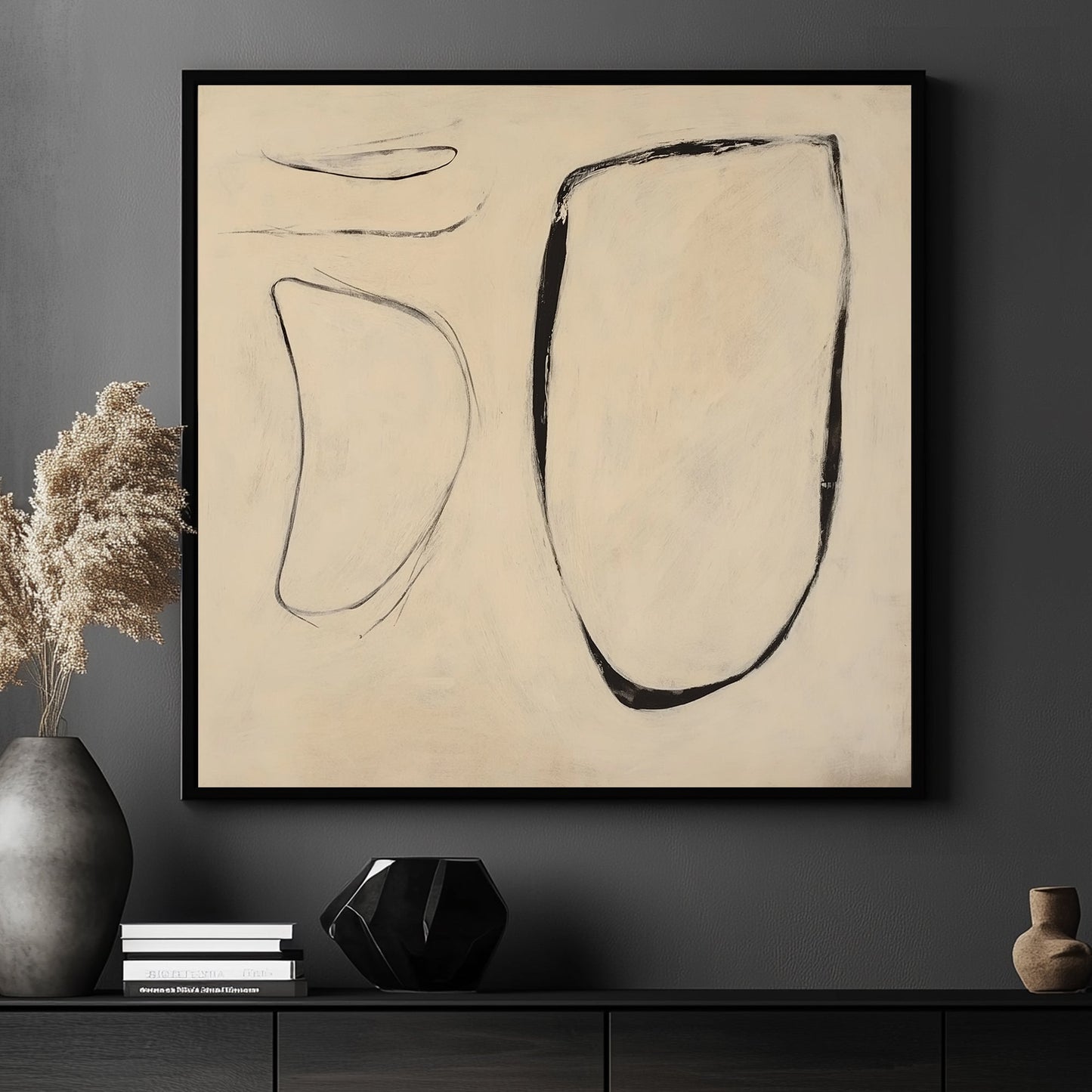 This abstract minimalist artwork features bold, sweeping black lines against a soft, neutral background. Perfect for modern decor. canvas wall art portrait landscape