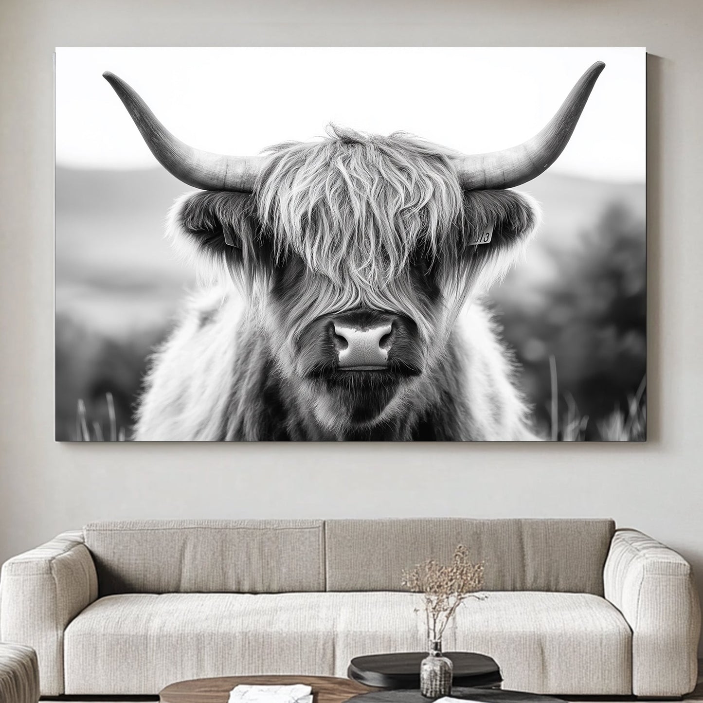 This black-and-white photograph captures the raw beauty of a Highland cow with its iconic shaggy coat. Perfect for modern decor. canvas wall art abstract portrait landscape