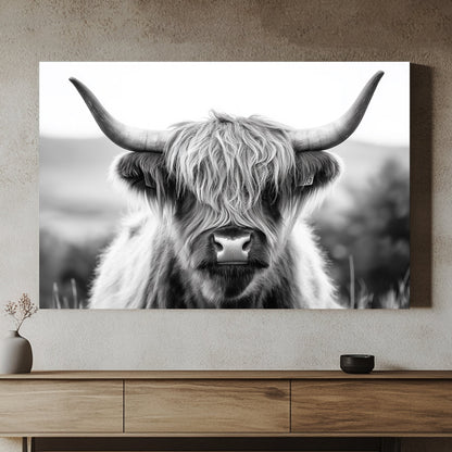 This black-and-white photograph captures the raw beauty of a Highland cow with its iconic shaggy coat. Perfect for modern decor. canvas wall art abstract portrait landscape