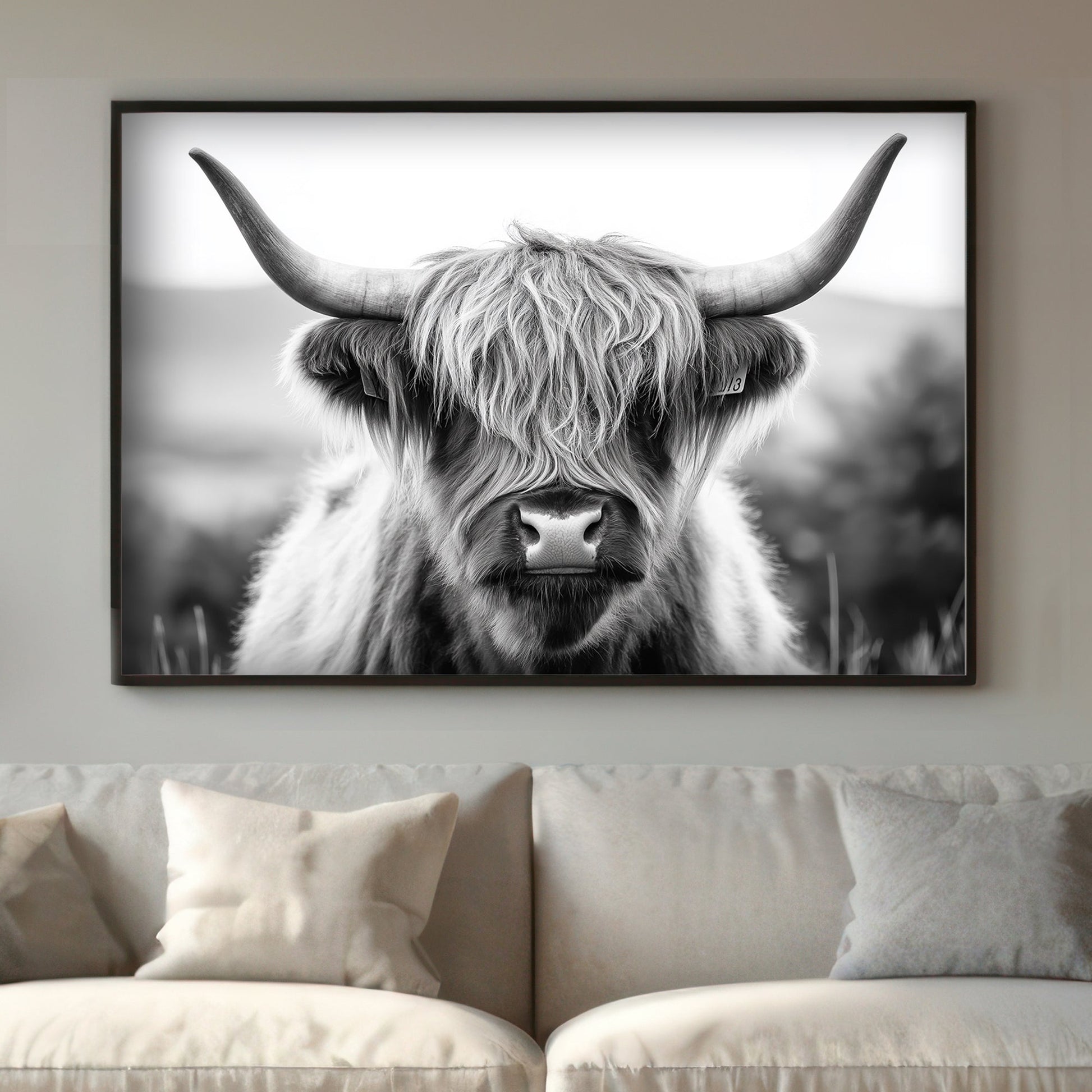 This black-and-white photograph captures the raw beauty of a Highland cow with its iconic shaggy coat. Perfect for modern decor. canvas wall art abstract portrait landscape