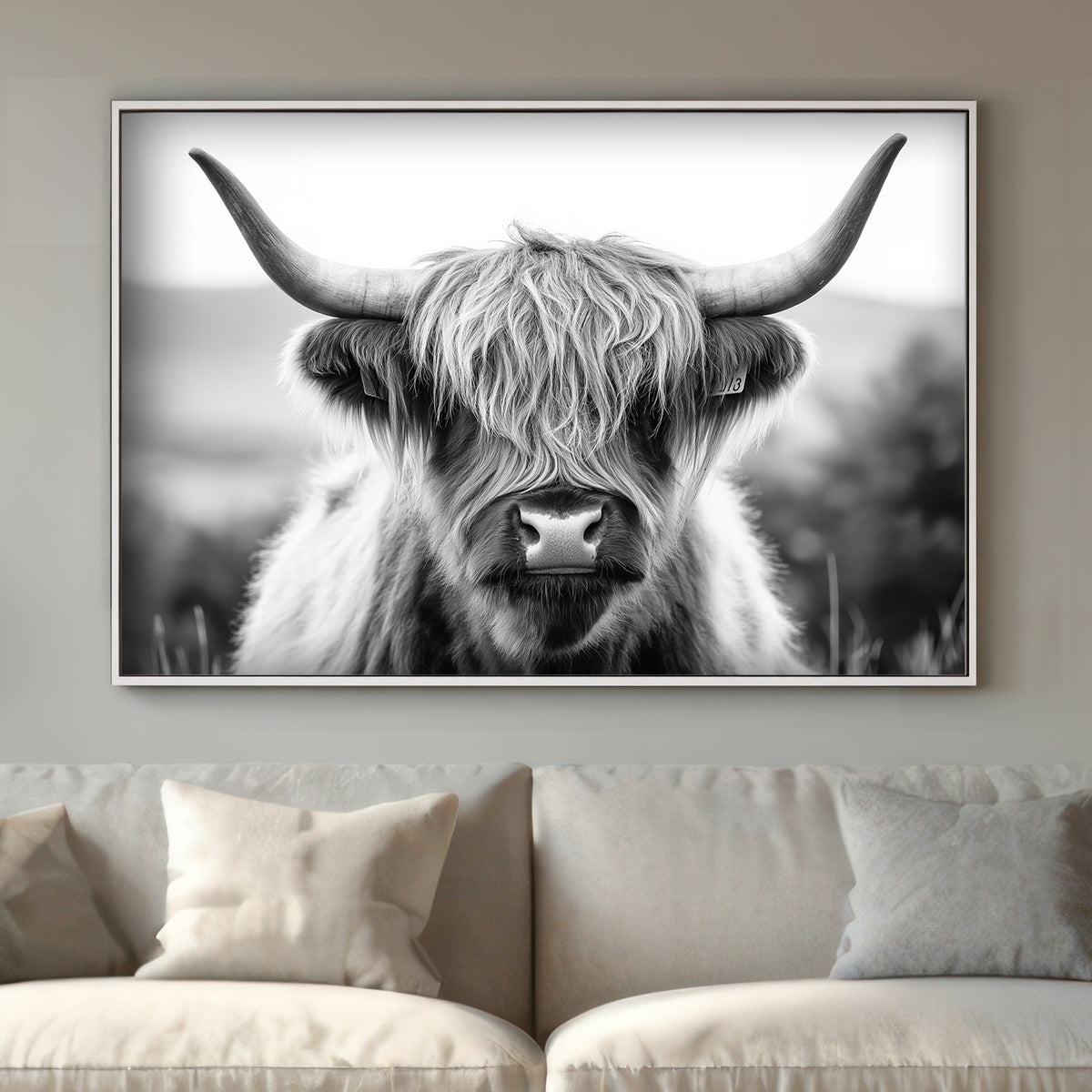 This black-and-white photograph captures the raw beauty of a Highland cow with its iconic shaggy coat. Perfect for modern decor. canvas wall art abstract portrait landscape