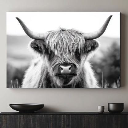 This black-and-white photograph captures the raw beauty of a Highland cow with its iconic shaggy coat. Perfect for modern decor. canvas wall art abstract portrait landscape