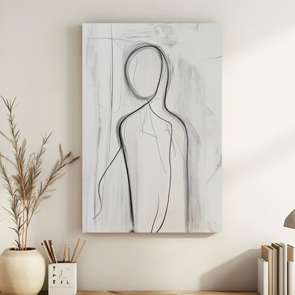 This minimalist piece uses delicate line work to outline a human figure, evoking a sense of mystery. Perfect for modern decor. canvas wall art abstract portrait landscape