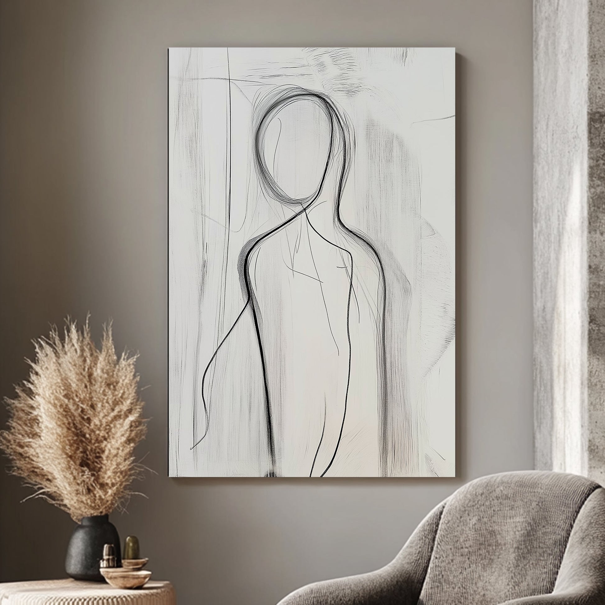 This minimalist piece uses delicate line work to outline a human figure, evoking a sense of mystery. Perfect for modern decor. canvas wall art abstract portrait landscape