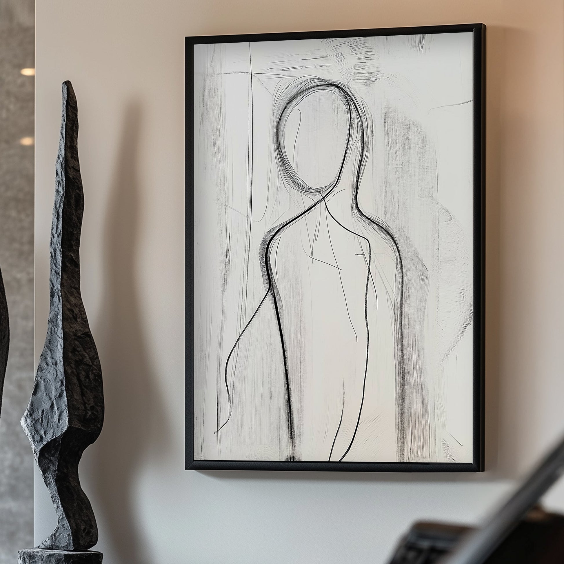 This minimalist piece uses delicate line work to outline a human figure, evoking a sense of mystery. Perfect for modern decor. canvas wall art abstract portrait landscape