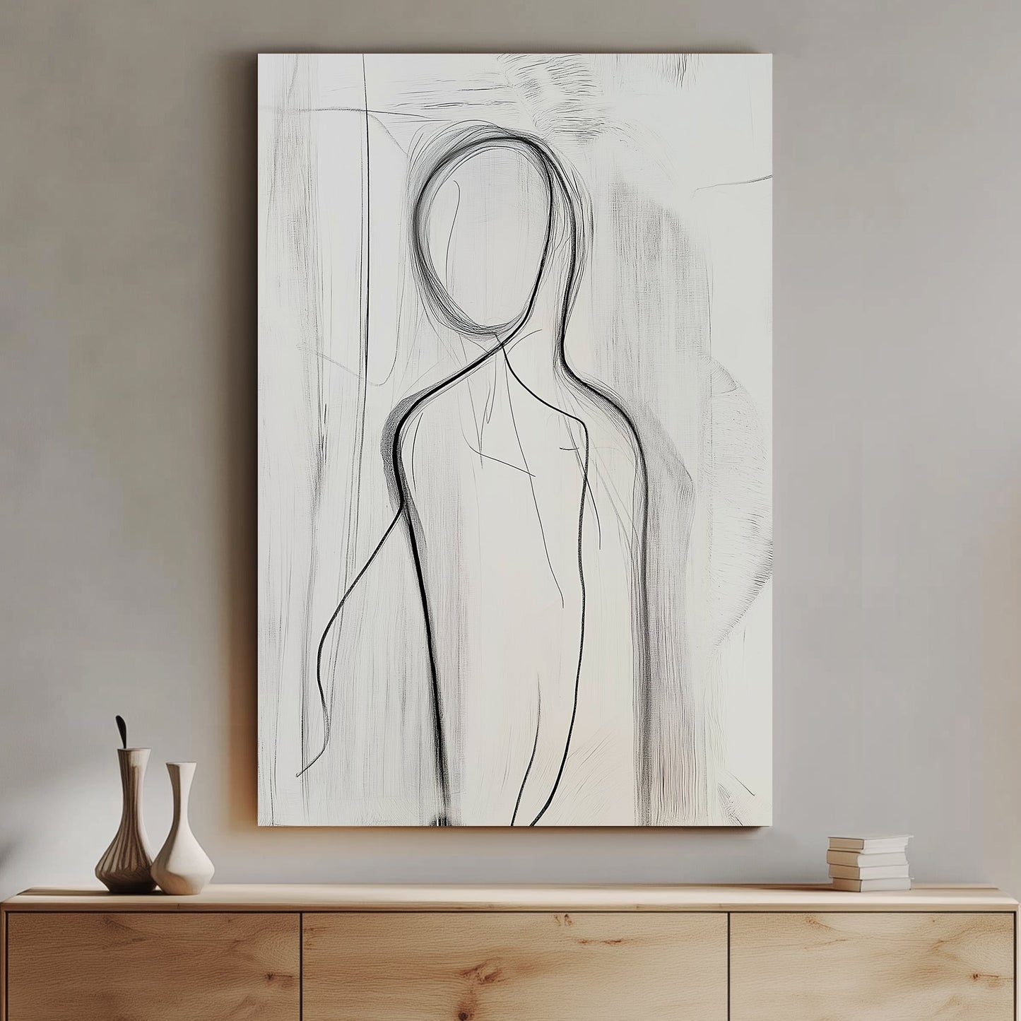 This minimalist piece uses delicate line work to outline a human figure, evoking a sense of mystery. Perfect for modern decor. canvas wall art abstract portrait landscape