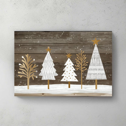 Festive trees with gold accents on a rustic wooden background.