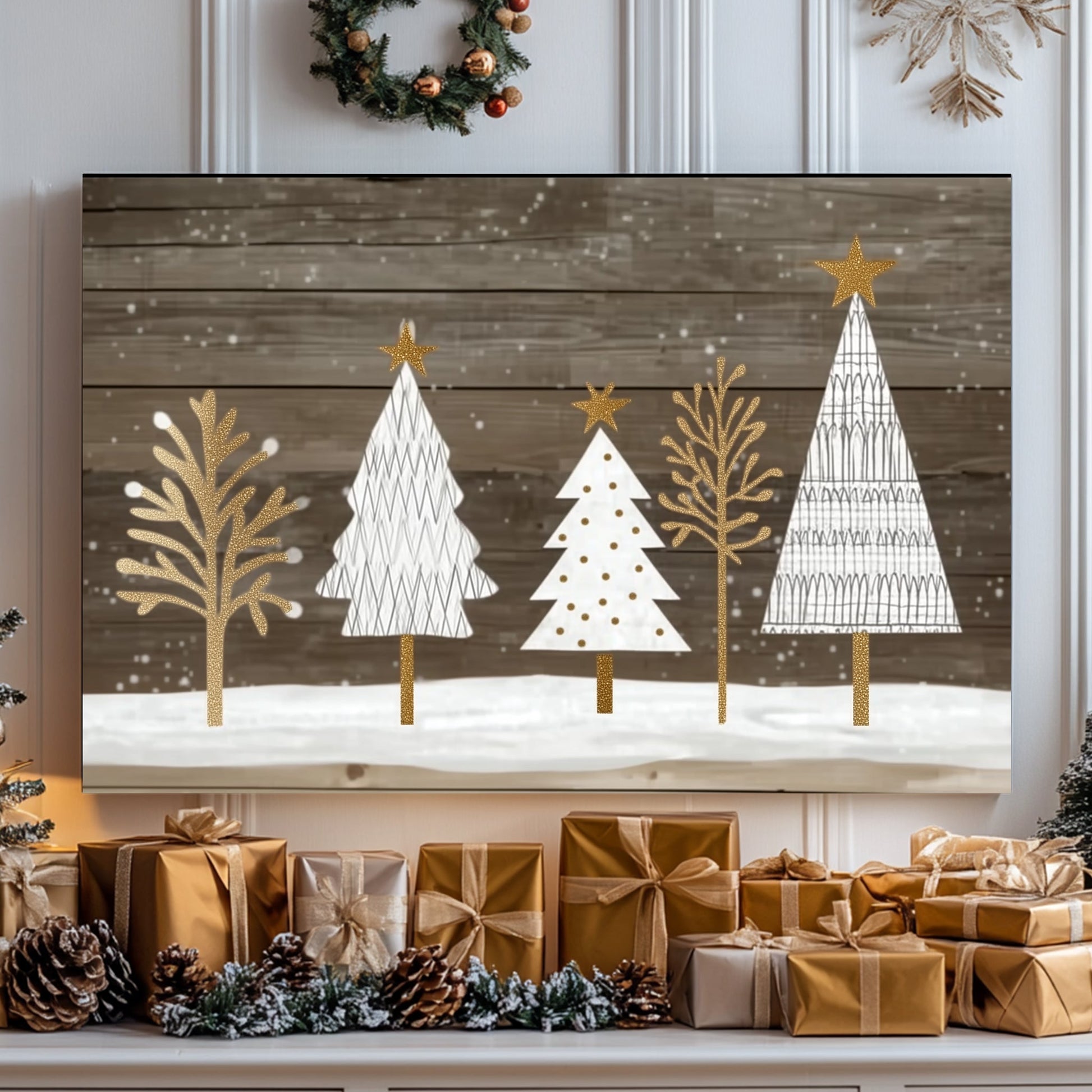 Festive trees with gold accents on a rustic wooden background.