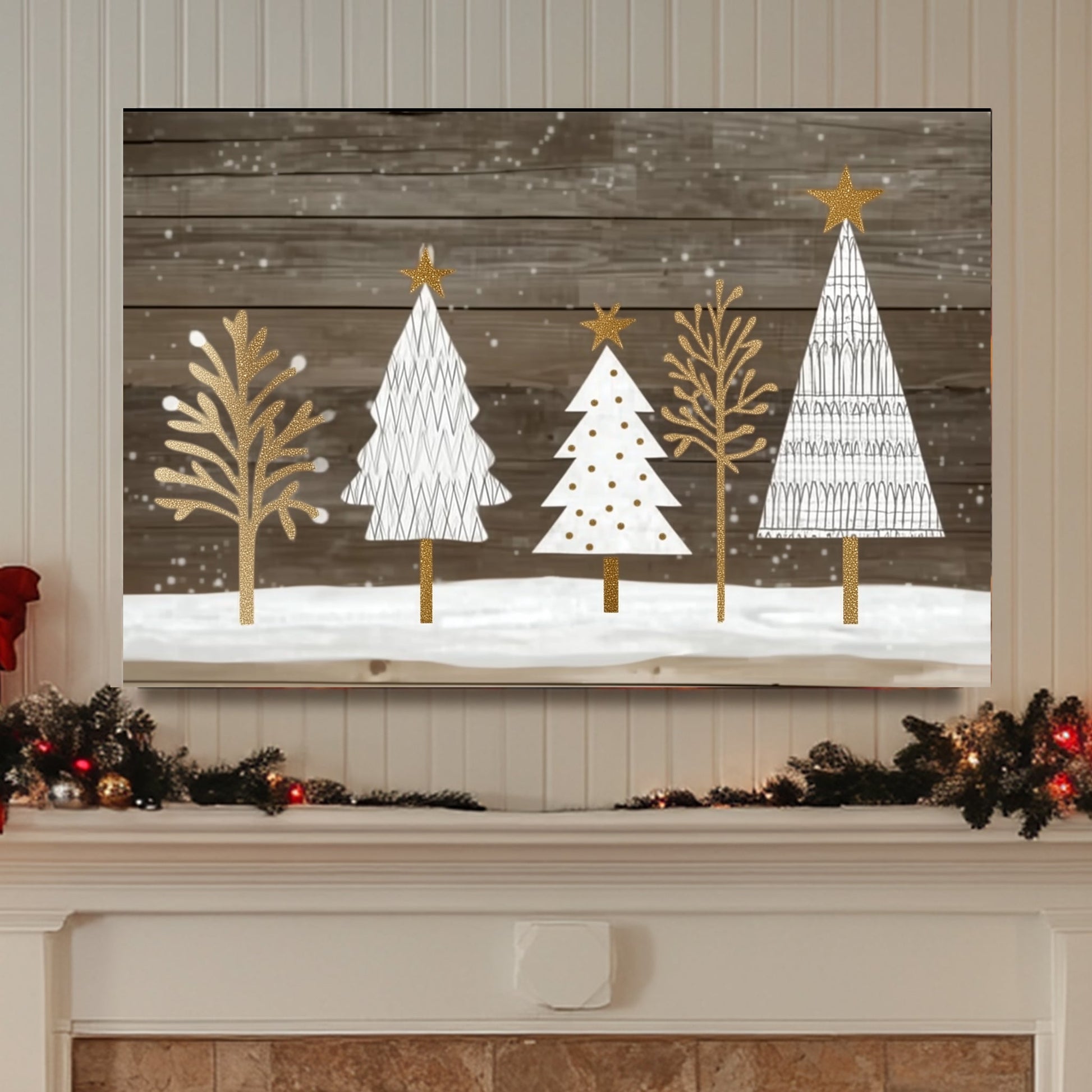 Festive trees with gold accents on a rustic wooden background.