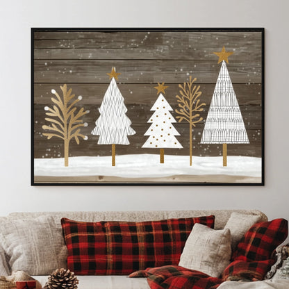 Festive trees with gold accents on a rustic wooden background.