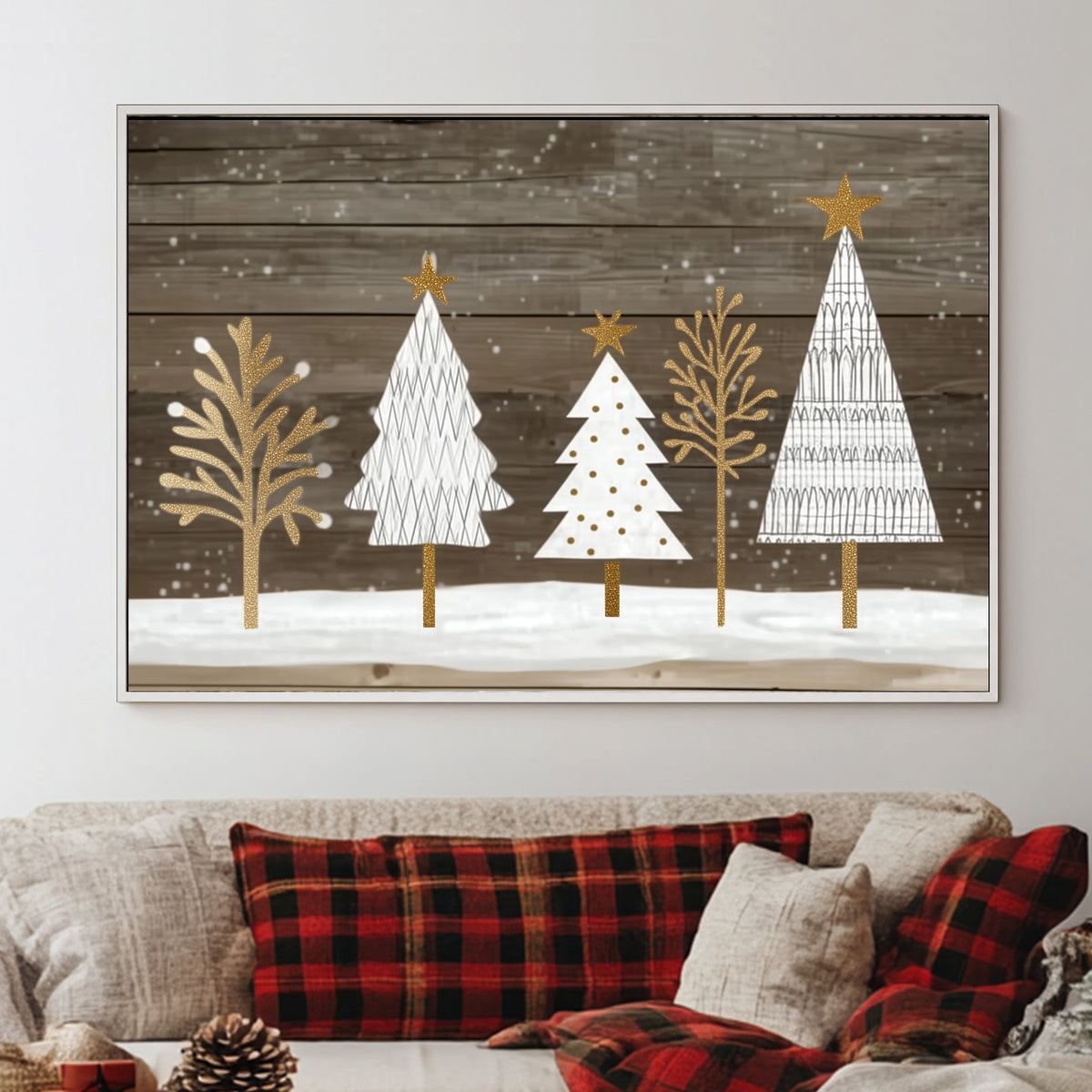Festive trees with gold accents on a rustic wooden background.