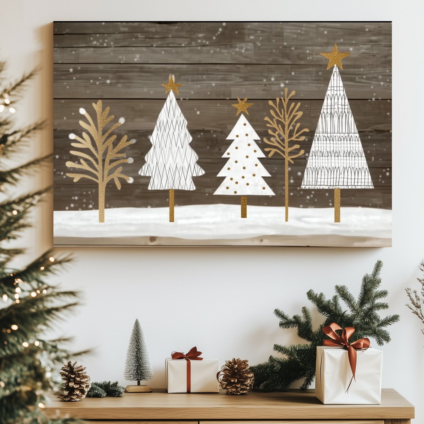 Festive trees with gold accents on a rustic wooden background.