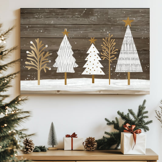 Festive trees with gold accents on a rustic wooden background.