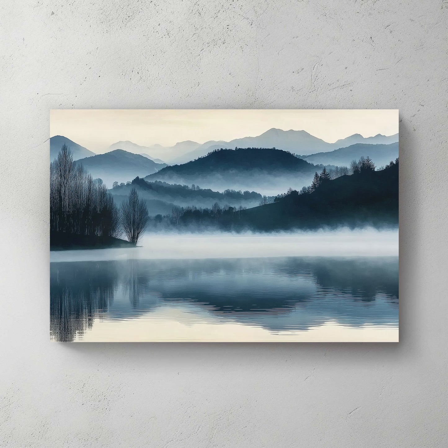 A serene landscape capturing misty mountains mirrored in still waters. Perfect for modern decor. canvas wall art abstract portrait