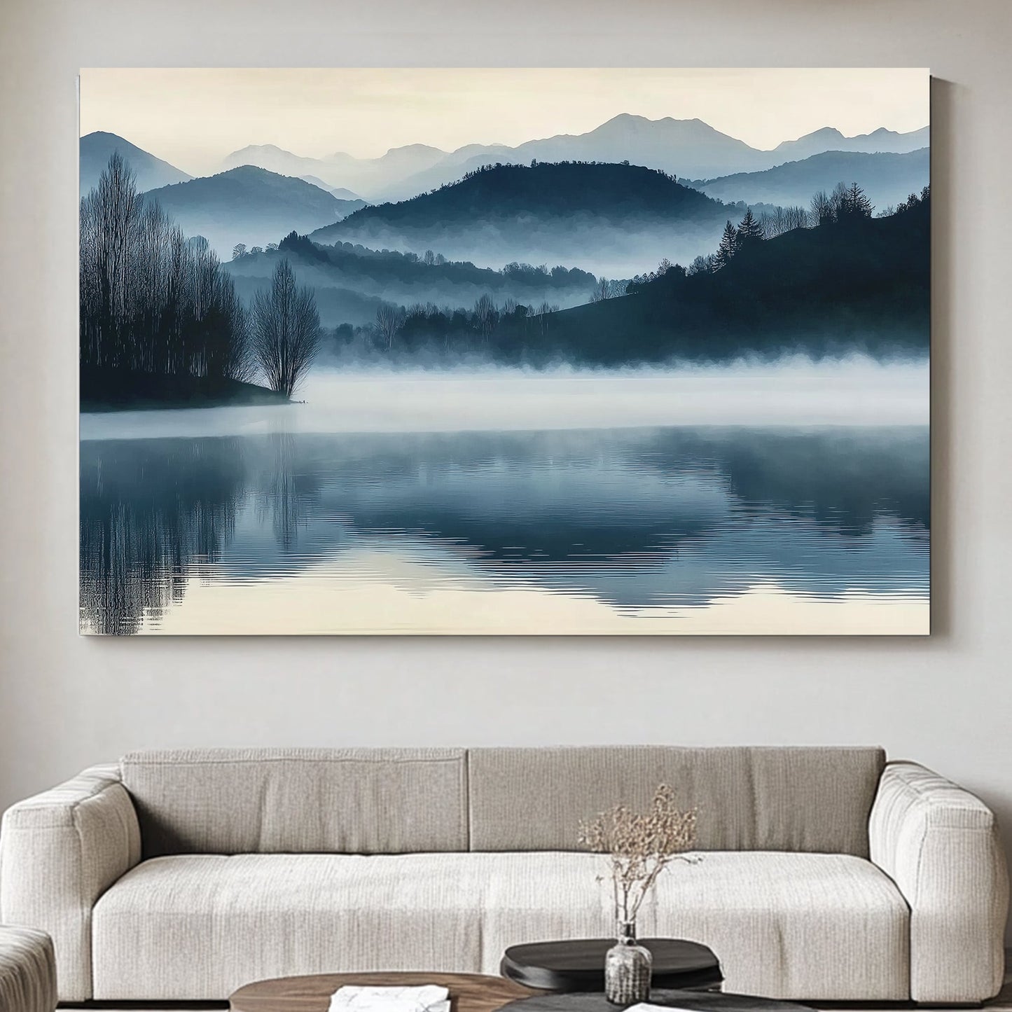 A serene landscape capturing misty mountains mirrored in still waters. Perfect for modern decor. canvas wall art abstract portrait