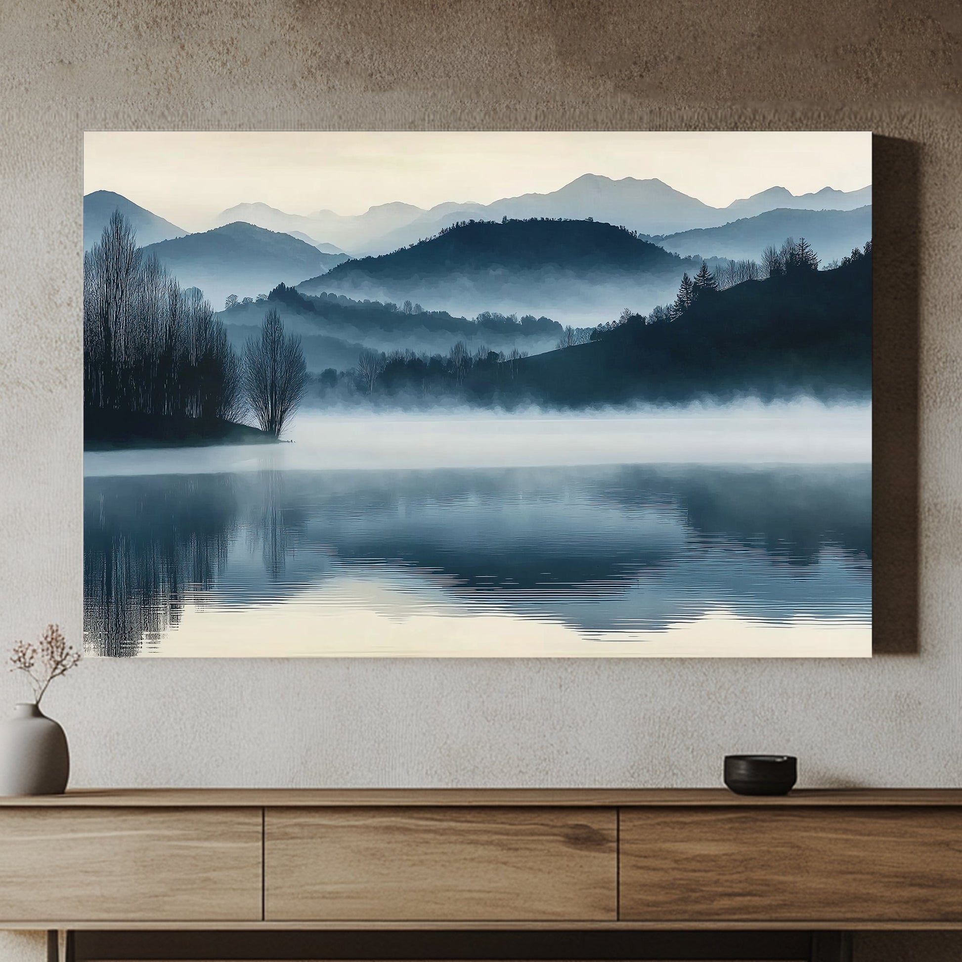 A serene landscape capturing misty mountains mirrored in still waters. Perfect for modern decor. canvas wall art abstract portrait